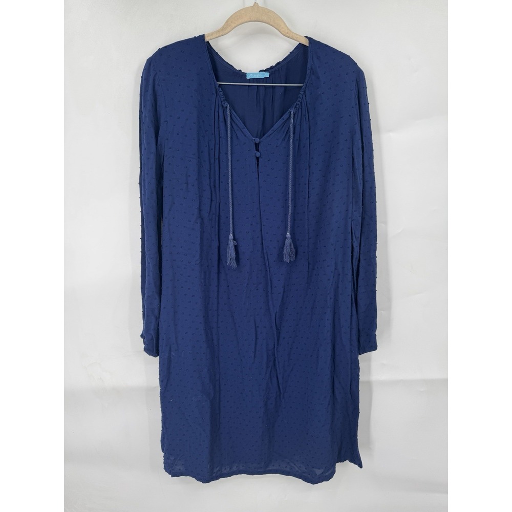 J.McLaughlin Swiss Dot Mini Dress Women L Navy Blue Tie Neck Long Sleeve Coastal